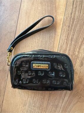 St.John Black Patent Leather Small Wristlet Embossed Logo Gold Tone Plaque Pouch